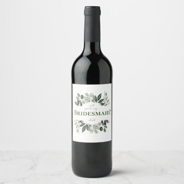 Will you be my bridesmaid card foliage bouquet wine label (Front)