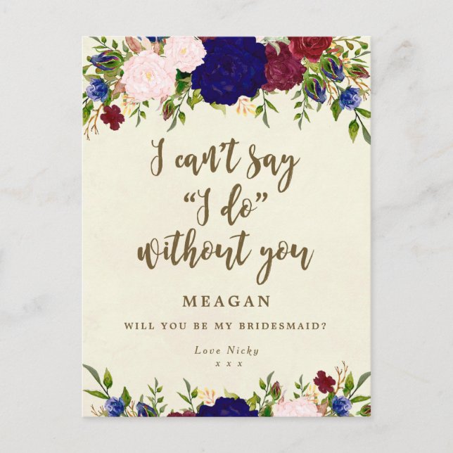 Will you be my bridesmaid card navy floral (Front)