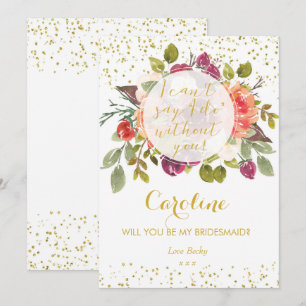 Will you be my bridesmaid card purple gold floral