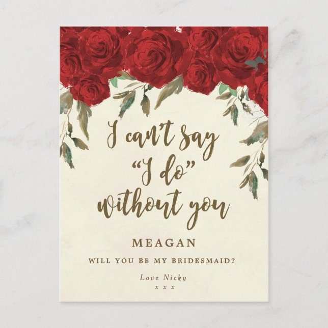 Will you be my bridesmaid card red roses floral (Front)