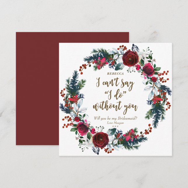Will you be my bridesmaid card winter red floral (Front/Back)