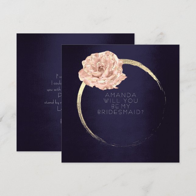Will You Be My Bridesmaid Champaign Gold Rose Navy Invitation (Front/Back)
