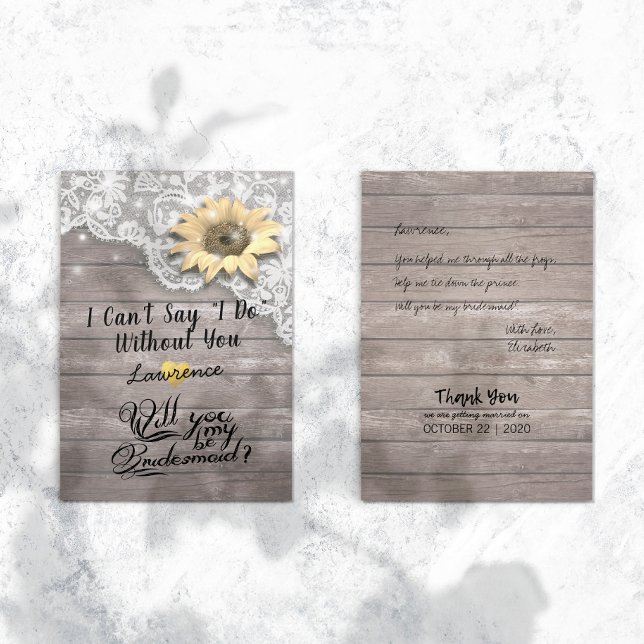 Will You Be My Bridesmaid Chic Lace Sunflower Wood Invitation (Creator Uploaded)