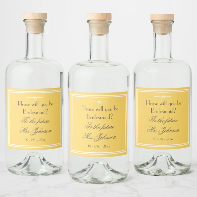 Will You Be My Bridesmaid Chic Script Soft Yellow Liquor Bottle Label (Bottles)
