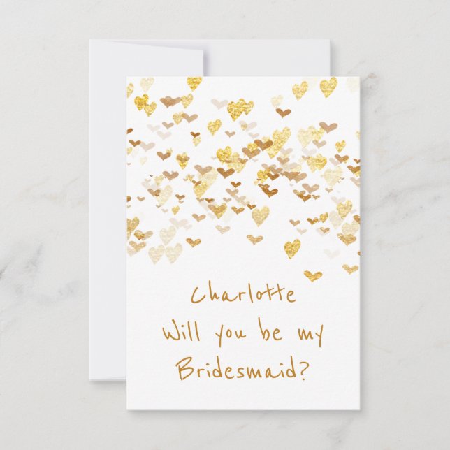 Will You Be My Bridesmaid? Confetti Golden Hearts Invitation (Front)