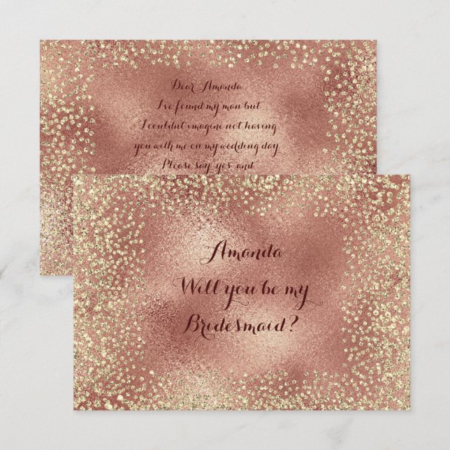 Will You Be My Bridesmaid Copper RoseGold Confetti Invitation (Front/Back)