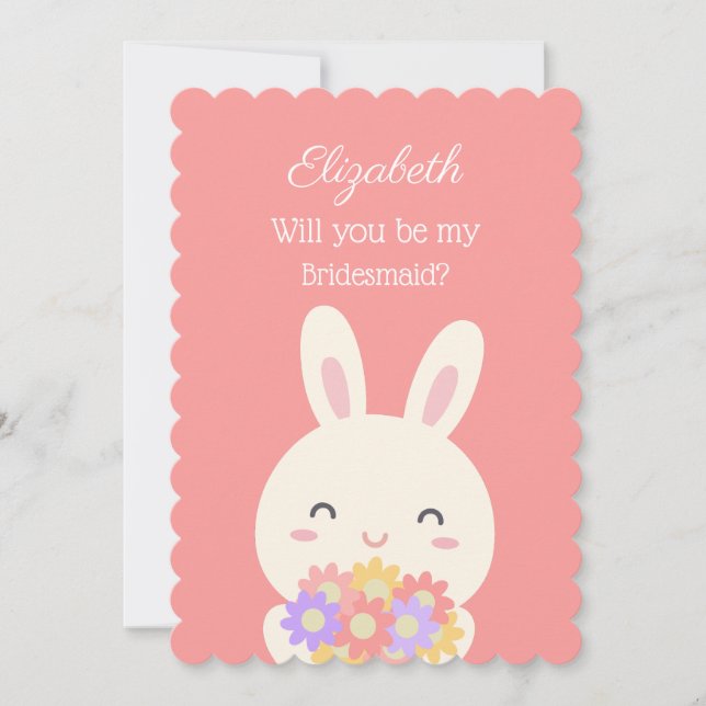 Will You Be My Bridesmaid Cute Bunny Flowers Pink Invitation (Front)