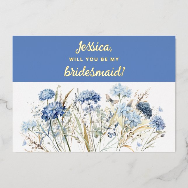 Will You Be My Bridesmaid Dusty Blue Wildflowers (Front)