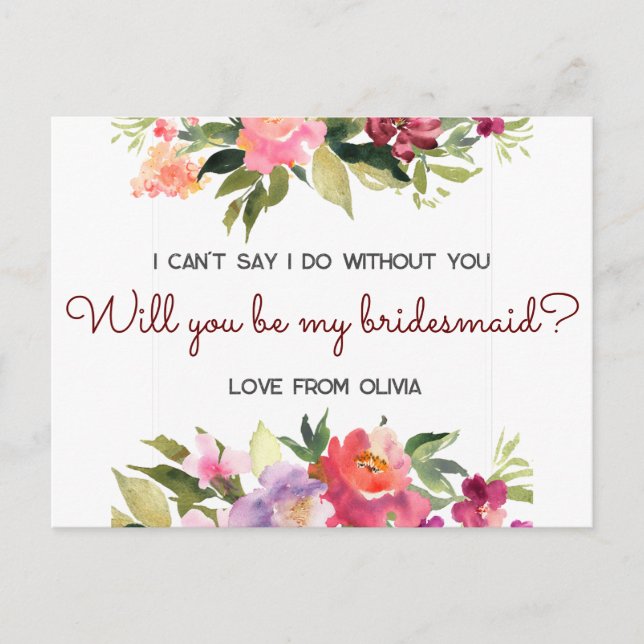 Will you be my bridesmaid? Editable Invitation Postcard (Front)