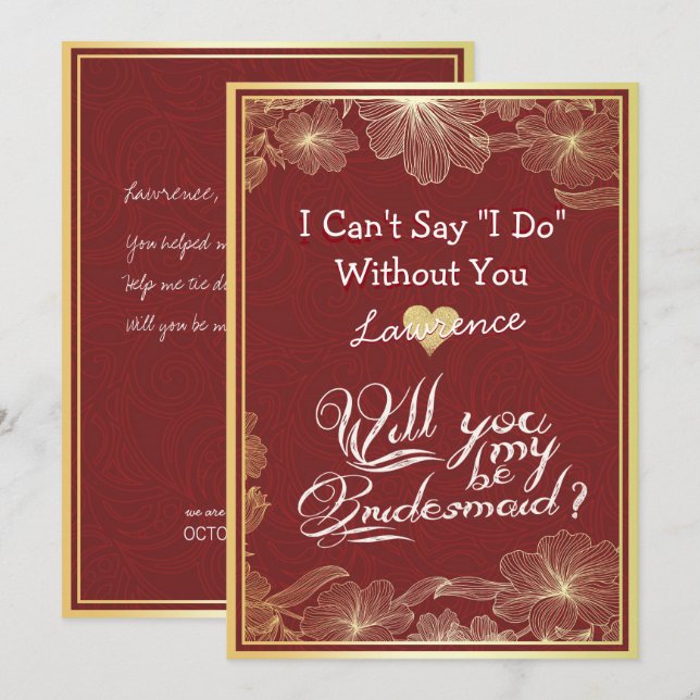 Will You Be My Bridesmaid  Elegant Red Gold Floral Invitation (Front/Back)