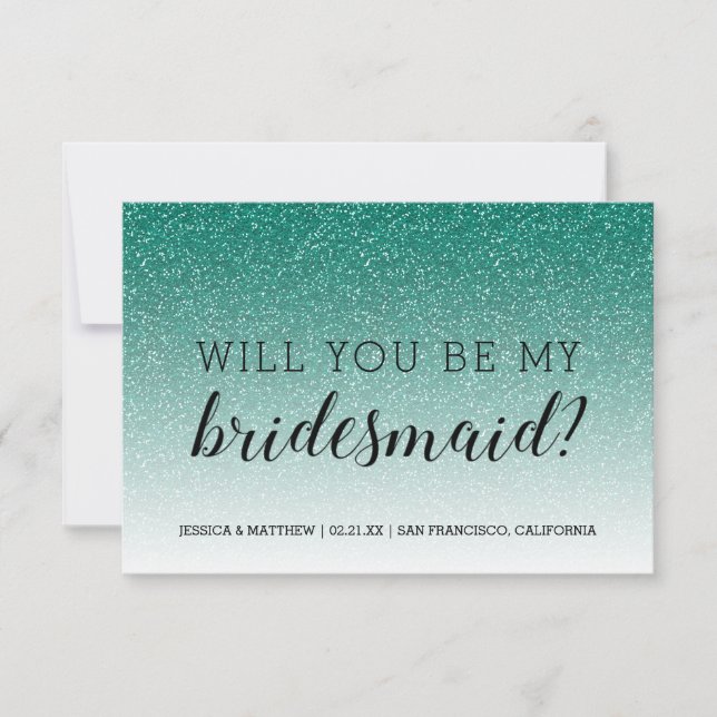 Will You Be My Bridesmaid Emerald Glitter Ombre Invitation (Front)