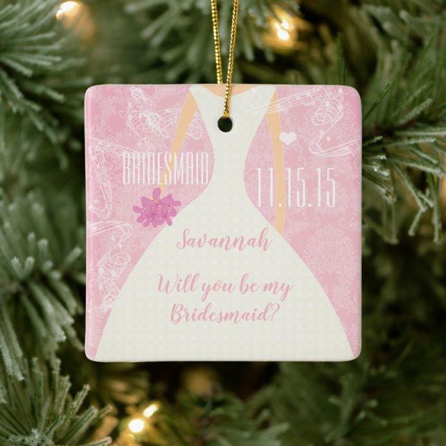 Will You Be My Bridesmaid Engagement photo on back Ceramic Ornament (Tree)