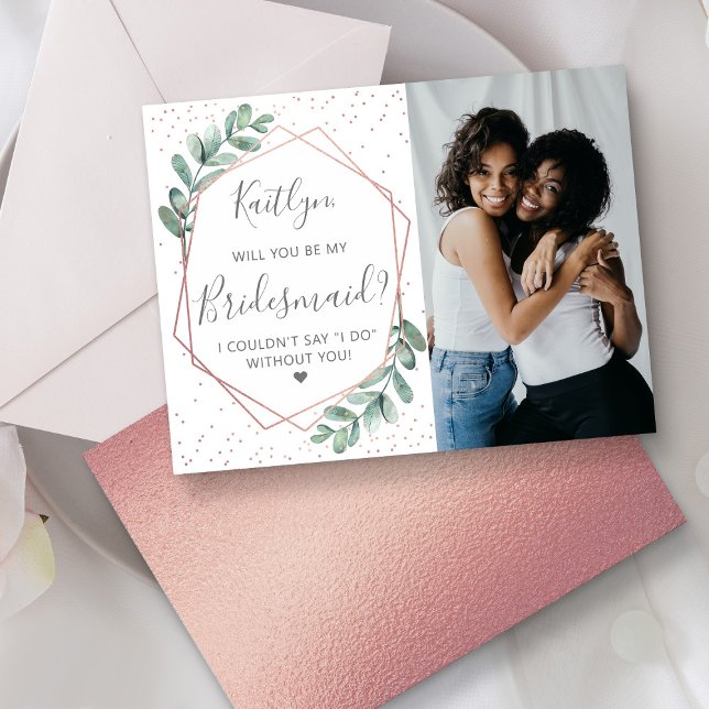 Will You Be My Bridesmaid Eucalyptus Geometric Invitation Postcard (Creator Uploaded)