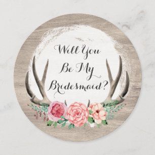 Will You Be My Bridesmaid? Floral Antlers Rustic Invitation