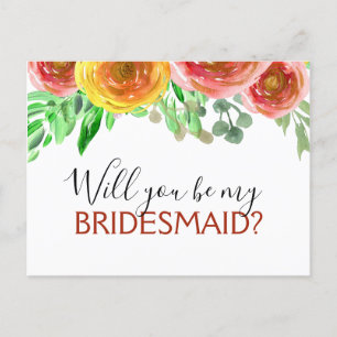 Will you Be My Bridesmaid Floral Watercolor Announcement Postcard