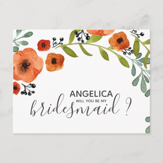 Will you be my bridesmaid Floral Watercolour Invitation Postcard (Front)