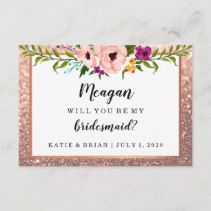 Will You Be My Bridesmaid Flower Glitter Rose Gold Invitation