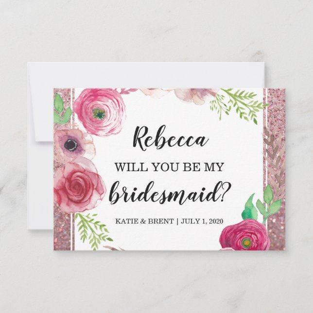 Will You Be My Bridesmaid Flowers Glitter Purple Invitation (Front)