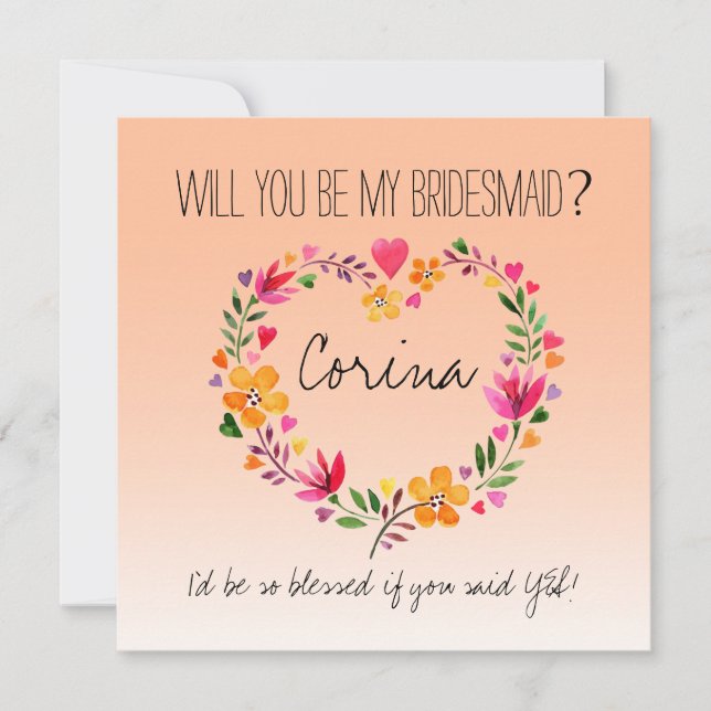 Will You Be My Bridesmaid Flowers Heart Wreath Invitation (Front)
