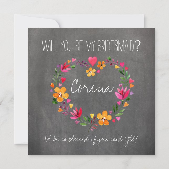 Will You Be My Bridesmaid Flowers Heart Wreath Invitation (Front)