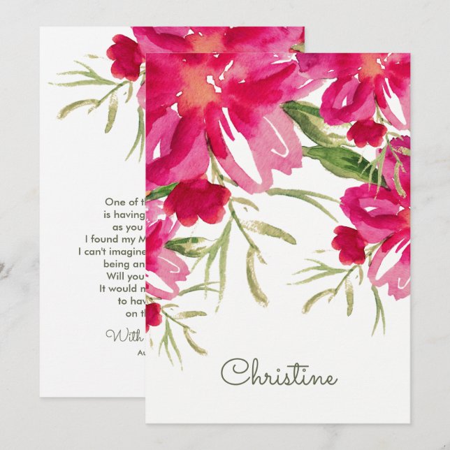 Will you be my Bridesmaid? Fuchsia Green Floral In Invitation (Front/Back)