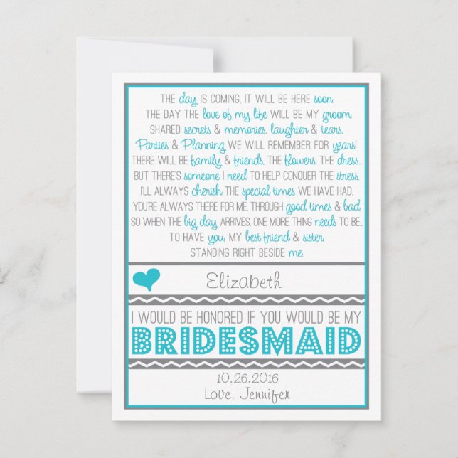 Will you be my Bridesmaid? Fun Blue/Grey Poem Card (Front)