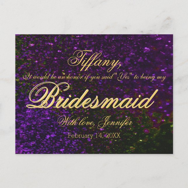 Will You Be My Bridesmaid? Glitter Purple Invitation Postcard (Front)