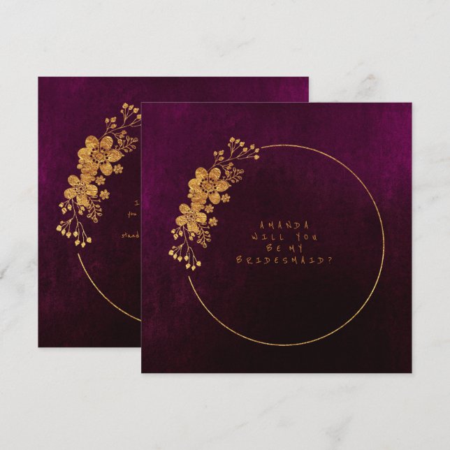 Will You Be My Bridesmaid Gold Burgunde Velvet Invitation (Front/Back)