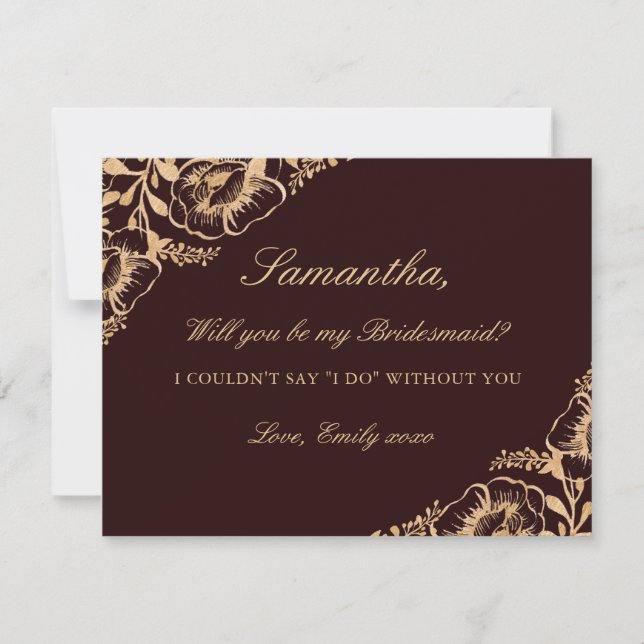 Will You Be My Bridesmaid Gold Burgundy Floral Invitation (Front)