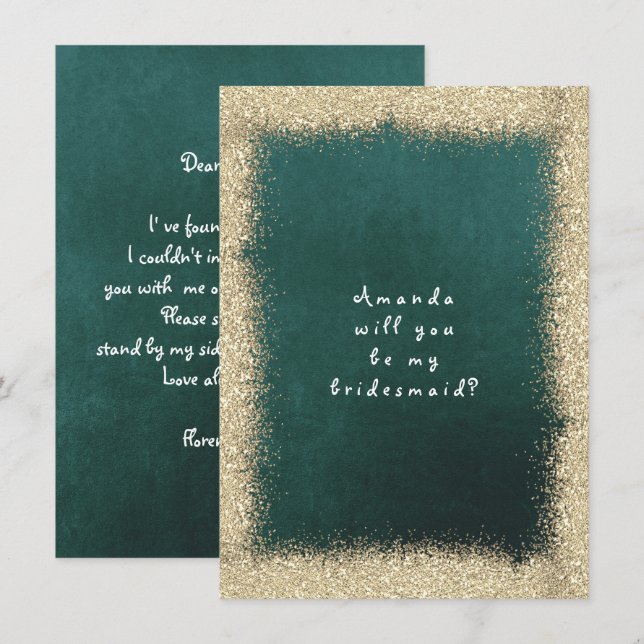 Will You Be My Bridesmaid Gold Glitter Cali Green Invitation (Front/Back)