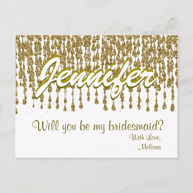 Will You Be My Bridesmaid | Gold Glitter Look Invitation Postcard (Front)