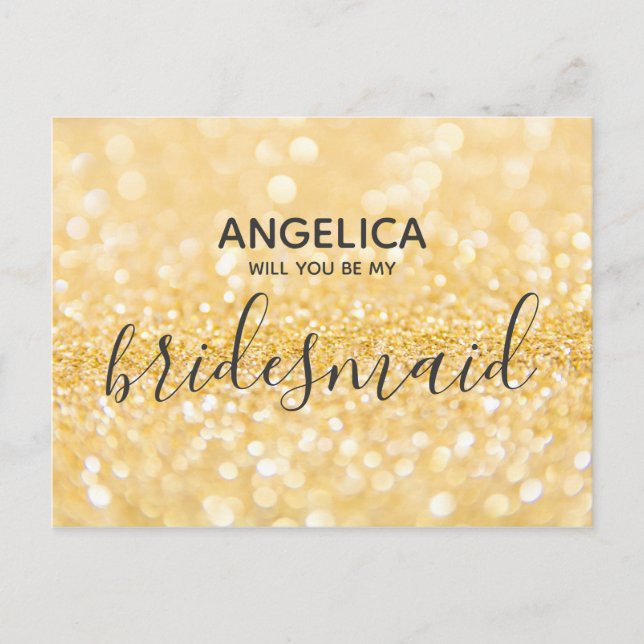 Will you be my bridesmaid gold glitter sparkle invitation postcard (Front)
