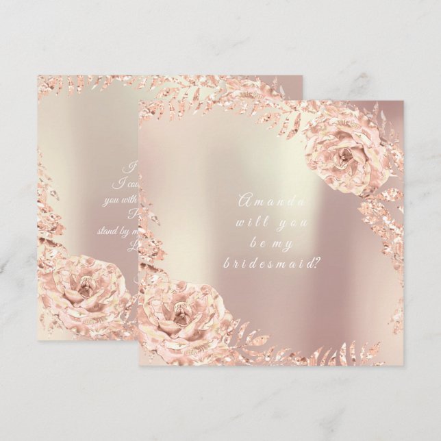 Will You Be My Bridesmaid Gold Pink Rose Wreath Invitation (Front/Back)