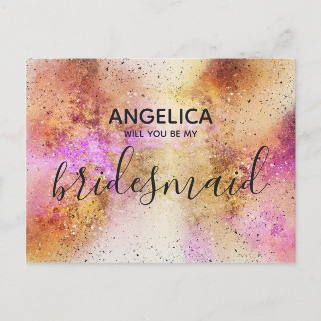 Will you be my bridesmaid gold pink sky invitation postcard (Front)