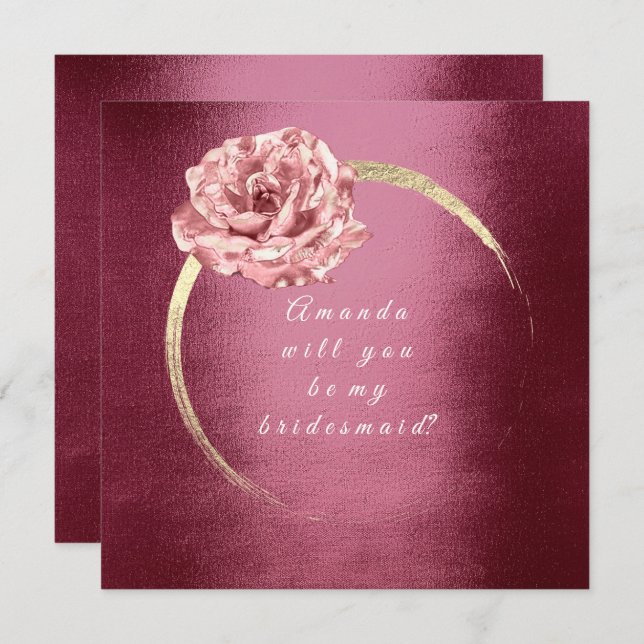Will You Be My Bridesmaid Gold Rose Burgund Wreath Invitation (Front/Back)
