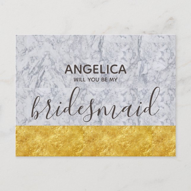 Will you be my bridesmaid gold white marble invitation postcard (Front)