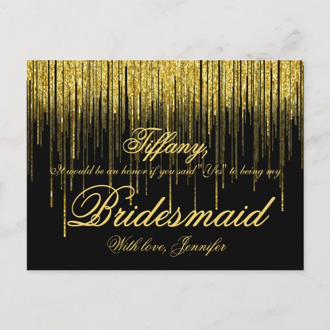 Will You Be My Bridesmaid? Golden Confetti Glitter Invitation Postcard (Front)