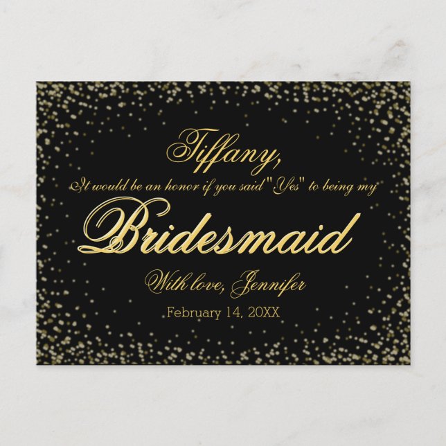 Will You Be My Bridesmaid? Golden Glitter Night - Invitation Postcard (Front)