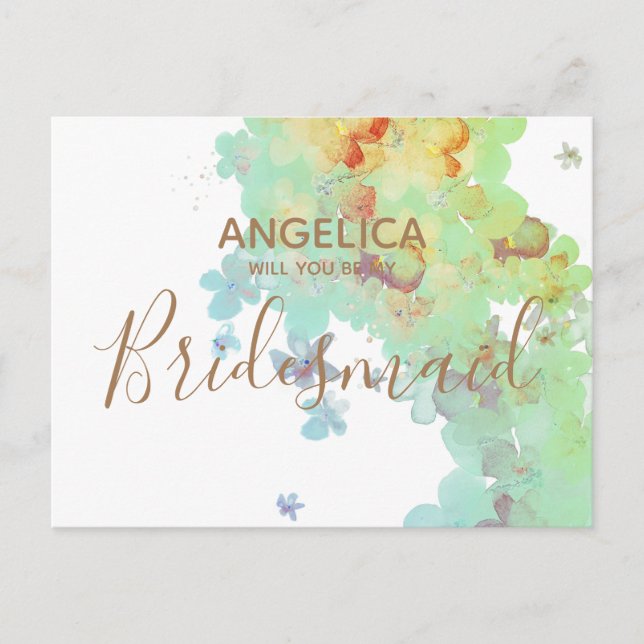 Will you be my Bridesmaid Green Watercolour Floral Invitation Postcard (Front)