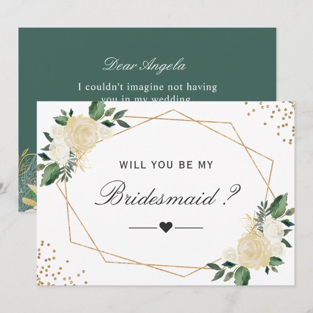 Will You Be My Bridesmaid Greenery Gold Floral Invitation (Front/Back)