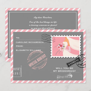 Will you be my Bridesmaid? Grey Pink Air Mail Invitation