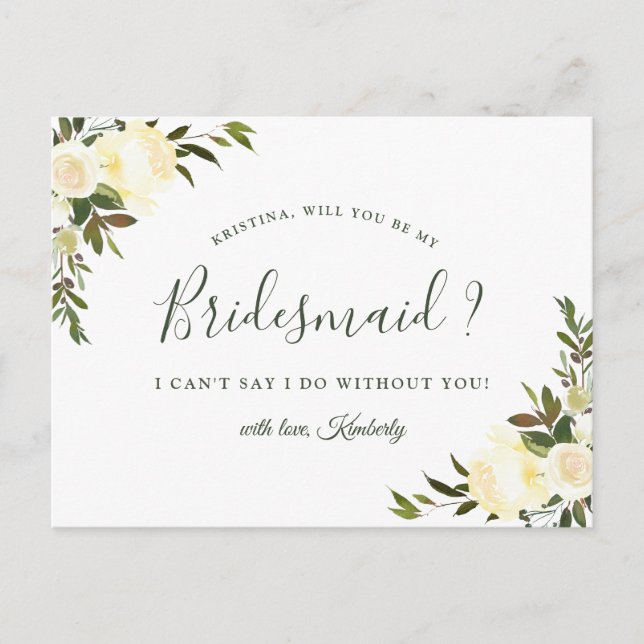 Will You Be My Bridesmaid Ivory White Chic Floral Invitation Postcard (Front)