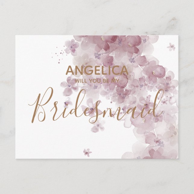 Will you be my Bridesmaid Mauve Watercolour Floral Invitation Postcard (Front)