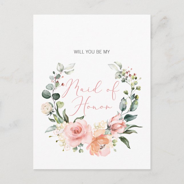 Will You Be My Bridesmaid MOH Pink Script Floral Invitation Postcard (Front)