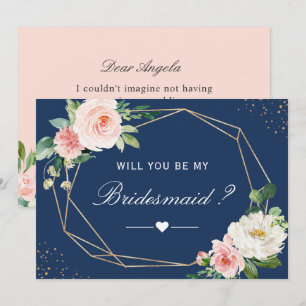 Will You Be My Bridesmaid Navy Blue Blush Floral Invitation