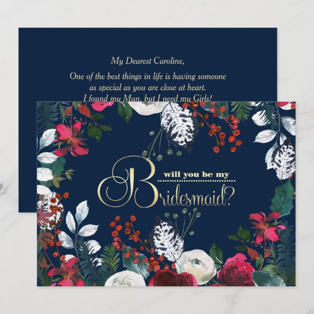 Will you be my Bridesmaid? Navy Blue Burgundy Invitation (Front/Back)