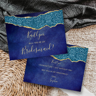 Will You Be My Bridesmaid Navy Blue & Gold Agate Invitation Postcard