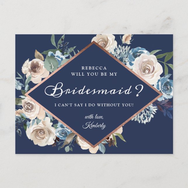 Will You Be My Bridesmaid Navy Blue Neutral Floral Invitation Postcard (Front)