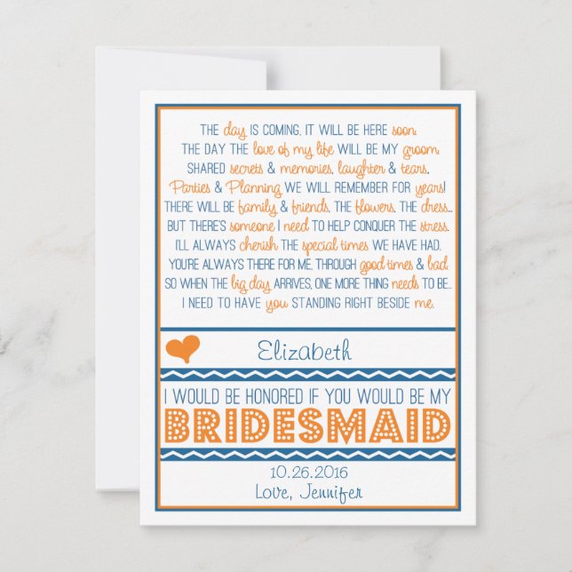 Will you be my Bridesmaid? Navy Blue/Orange Poem Invitation (Front)