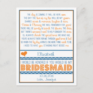 Will you be my Bridesmaid? Navy Blue/Orange Poem Invitation
